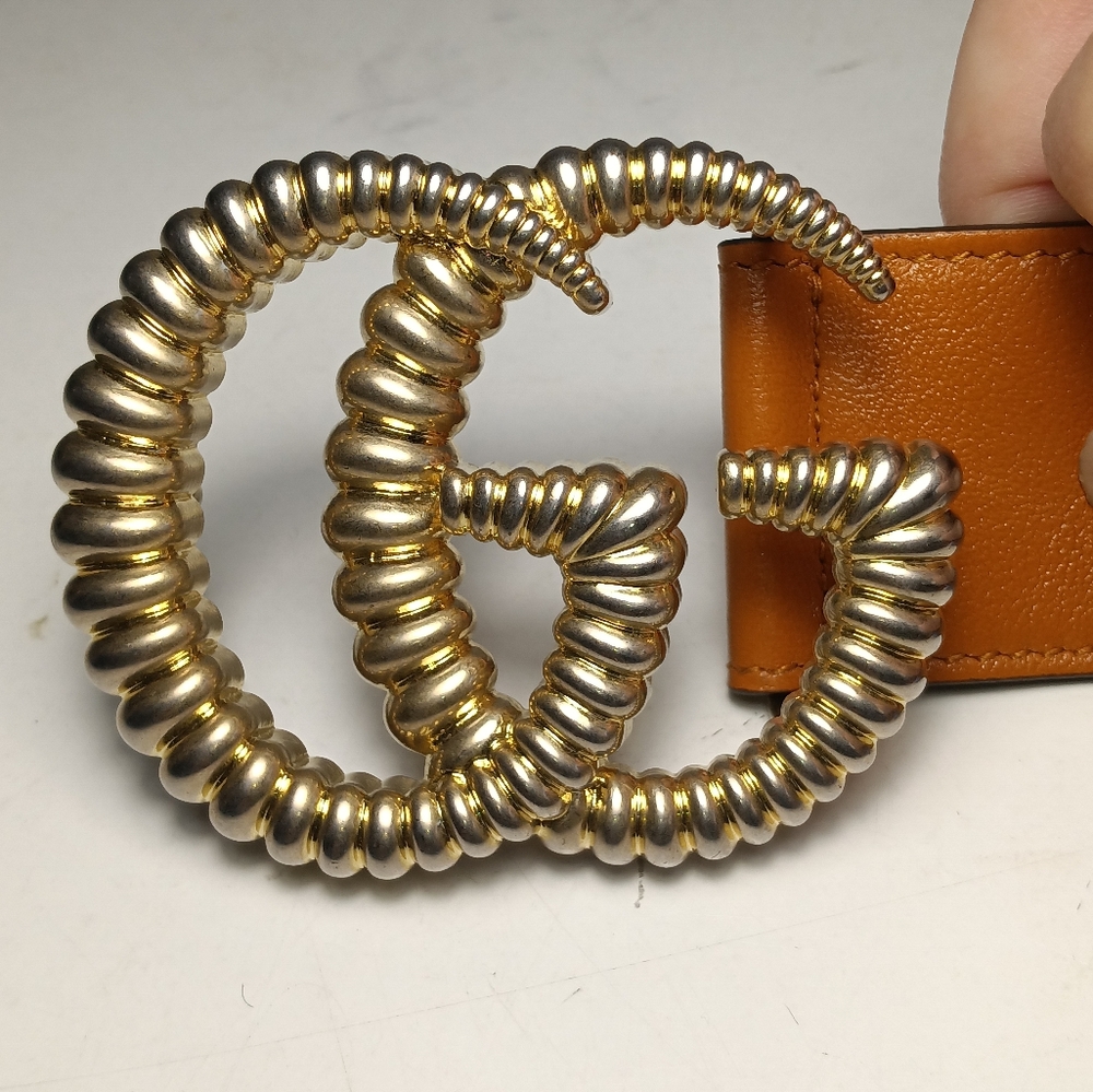 NEW GUCCI GG WIDE BELT GOLD-TONE TORCHON BUCKLE COGNAC/BLACK LEATHER SZ 36/90 - Picture 10 of 16